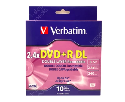 10-pk Verbatim Dual Layer DVD+R Cakebox - 2.4x 8.5GB 240 mins w AZO #95166 - Image 1 of 3