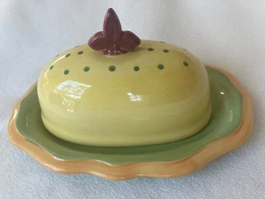 ⭐️ Pistoulet by Pfaltzgraff Stoneware BUTTER DISH 1/4 lb Green Yellow Orange - Picture 1 of 10