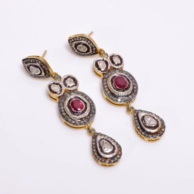 Natural Ruby And Diamond Earrings 925 Sterling Silver Victorian Earrings For Her - Image 1 of 4