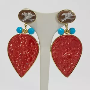 ORECCHINI IN ARGENTO 925 DORATO CON CAMMEO AGATA ROSSA E TURCHESE AGHT 0720 - Foto 1 di 3