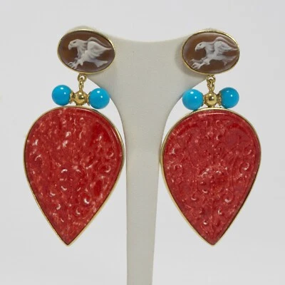 ORECCHINI IN ARGENTO 925 DORATO CON CAMMEO AGATA ROSSA E TURCHESE AGHT 0720 - Immagine 1 di 3