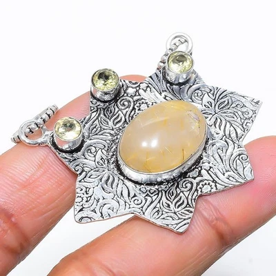 Pendente In Argento Sterling 925 Con Gemma Di Citrino E Rutile Dorato 1.77" - Immagine 1 di 4