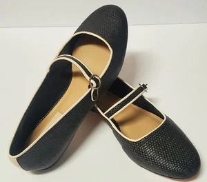 Antonio Melani Flat Mary Jane Shoes Ballet Strap NWT 9.5 Black Raffia Cream Trim - Picture 1 of 8