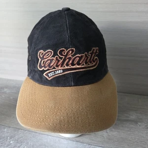 Vtg 90s Carhartt Camp Hat Cap Canvas Strapback 2 Tone Black/Tan Adjustable USA - Picture 1 of 17