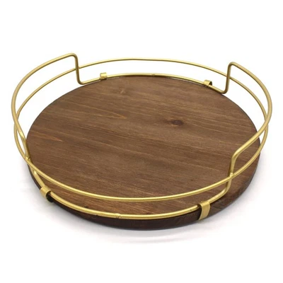 CVHOMEDECO. Decorative Tray with Golden Handle Round Wood Serving Tray with M... - Image 1 of 4