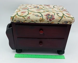 Vintage Wooden Storage Sewing Box Footstool 2 Drawers Magazine Rack With Wheels - Picture 1 of 9