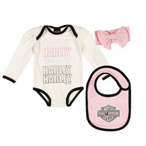 Harley-Davidson Infant Girls White & Pink Creeper, Bib & Headband Set 2503013 