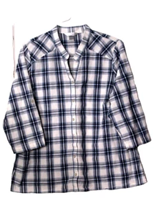 CJ BANKS BLOUSE ladies size 1X white blue waffle texture plaid 3/4 sleeve cotton - Picture 1 of 7