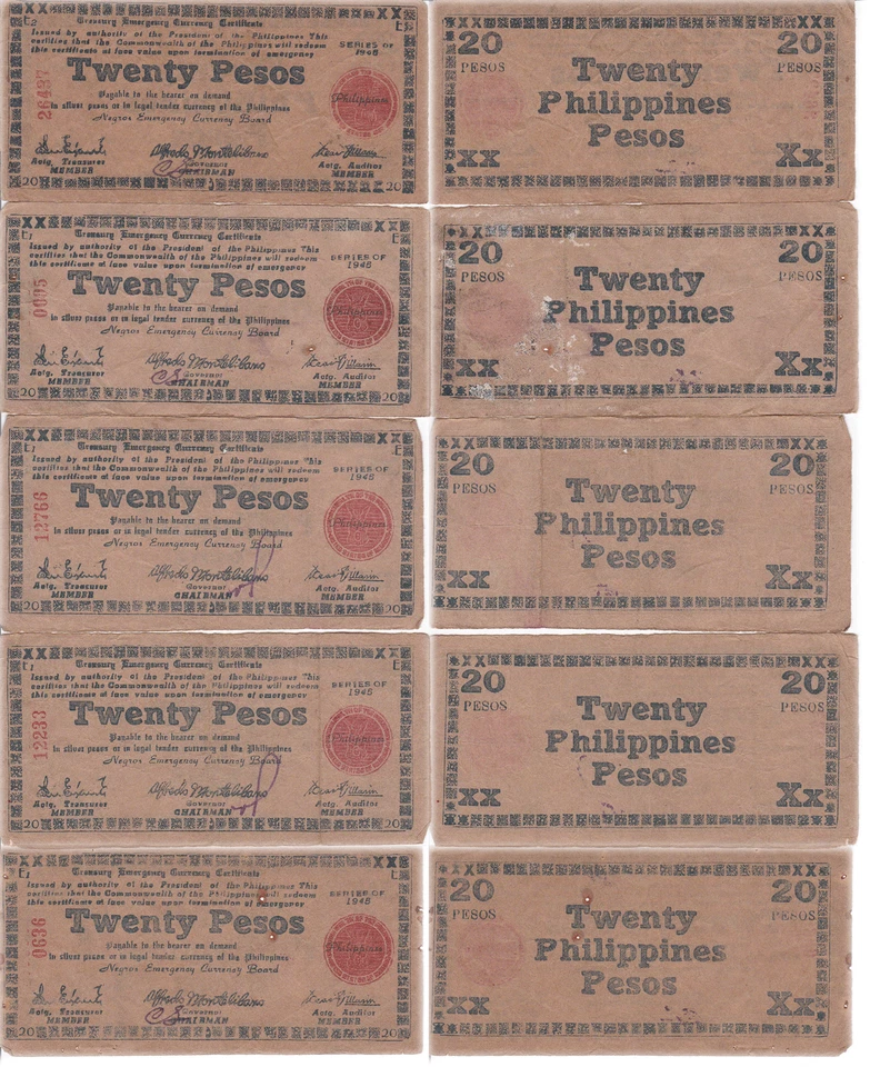 1945 20 Pesos Philippines Guerrilla Currency Negros Province 5 Note Lot S684 #1 - Image 1 of 1
