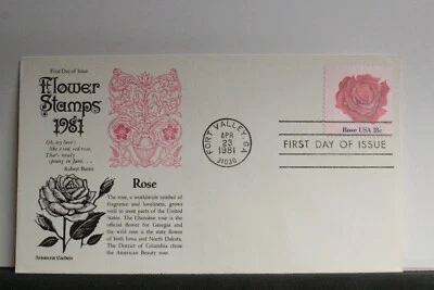 USPS FDC #1876 – 1981 18c Flowers: Rose Aristocrat Cachet ST1195 - Image 1 of 3