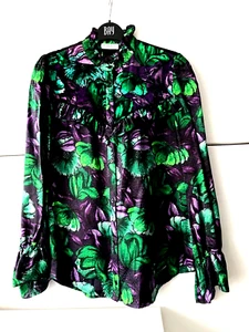 Brand New SANDRO PARIS 30% Silk Green/Purple Blouse Velvet Yolk Size M Cost £269 - Picture 1 of 11