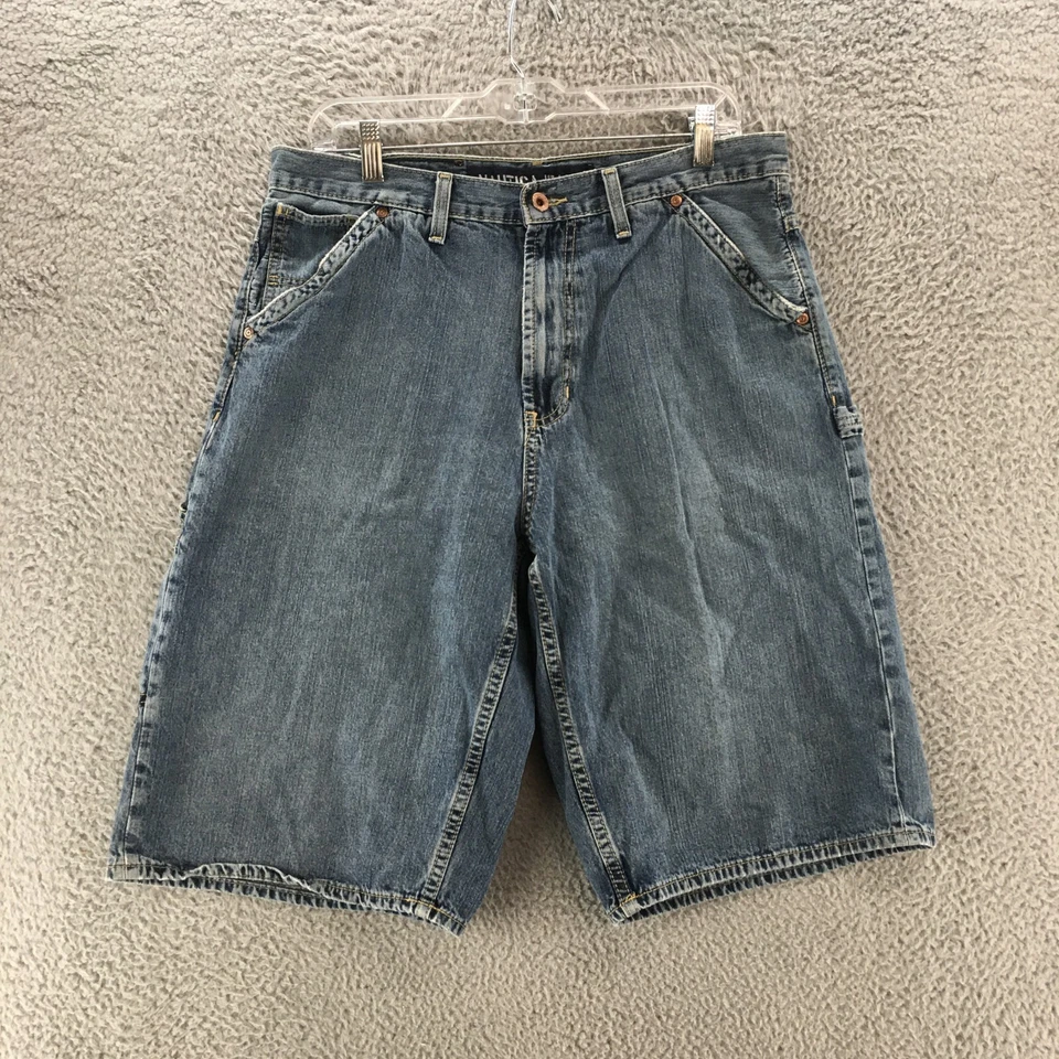 Pantalones Cortos Nautica Carpenter Para Mujer 34x12 Azul Lavado Medio Denim Tiro Alto Cremallera Mosca Foto 1 de 4