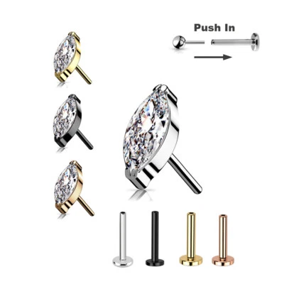 0,8mm Titan Stecksystem Labret Ovaler Kristall Ohr Piercing Push Pin Gold Silber - Bild 1 von 4