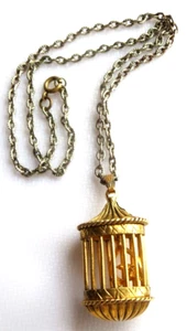 Vintage Swinging BIRD Pendant ~ 18" Necklace with Gold plated CAGE -PERFUME base - Picture 1 of 9