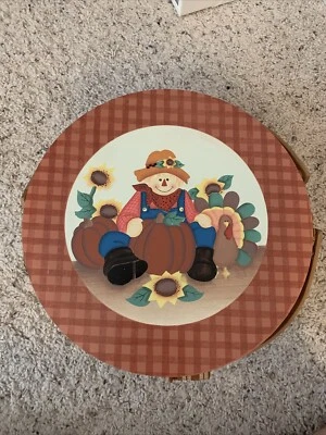 Fall Pumpkin Thanksgiving Harvest 12" Round Wicker Basket Wood Lid & Plain Liner - Image 1 of 4