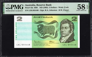 Australia 2 Dollars P43e R89 1985 Johnston Fraser PMG58 Choice aUNC EPQ Banknote - Picture 1 of 2