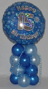 15° COMPLEANNO - ETÀ 15 - RAGAZZO BLU - DISPLAY PALLONCINO LAMINA - TAVOLO CENTROTAVOLO - STRISCIONE - Foto 1 di 10