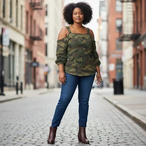 Forever 21 Damen Small Camouflage Jacke Grün Schulterfrei Bindebänder A-Linie - Bild 1 von 4