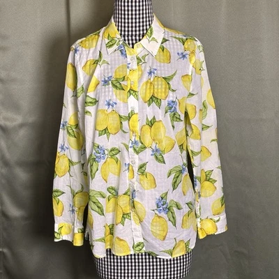 TALBOTS Women’s Lemon Blossom Print Cotton Button Front L/S Shirt Size Petite L - Image 1 of 4