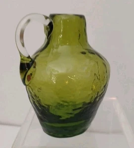 Mid Century Modern 4" Olive Green Txtd Glass Pitcher Clear Applied Handle - Picture 1 of 10