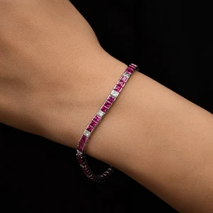 9.65 Tcw Natural SI/H Princess Cut Diamond Ruby Gemstone Bracelet 18k White Gold - Picture 1 of 17