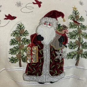 Weißes Hirsch Weihnachten Top Gr. XL bestickt Weihnachtsmann St Nick 3/4 Ärmel Pailletten - Bild 1 von 10