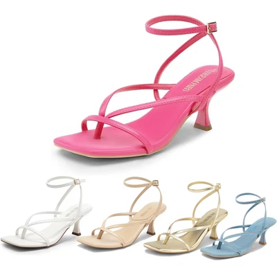 Sandálias tanga feminina aberta biqueira quadrada alça no tornozelo salto baixo gatinho - Imagem 1 de 2