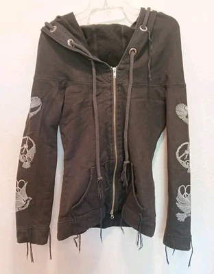 Lauren Moshi Cremallera Completa Negro Gráfico Paz Palomas Tipi Sudadera con Capucha Grunge Chaqueta Med Foto 1 de 4