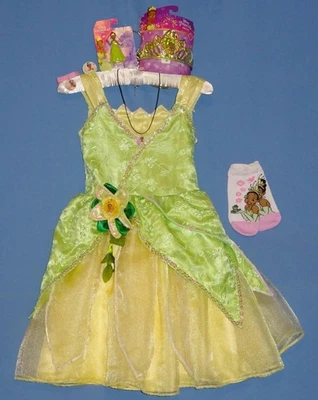 Disney Princess Tiana dress-girls 4-6X-Tiara-Figurine-Socks-Costume jewelry-LOT - Image 1 of 4
