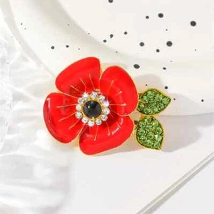 Exquisite Red Poppy Flower Brooch Enamel Crystal Rhinestone Party Coat Pin Gift - Picture 1 of 6