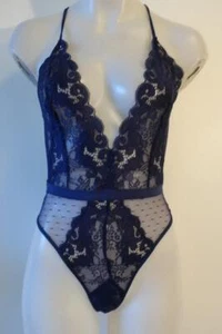 NWT Womens In Bloom By Jonquil Navy Blue Lace Strappy Thong Teddy M * - Picture 1 of 7