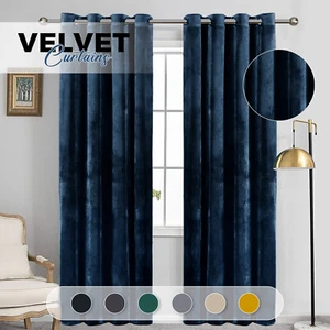 Crushed Velvet Blackout Curtains Eyelet Ring Top Ready Made Lined Pair Curtains - Picture 1 of 34