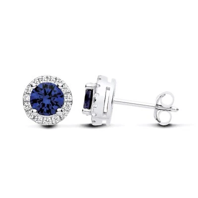 Sterling Silver 925 simulated Sapphire & CZ Halo Cluster Round Stud Earrings - Image 1 of 4