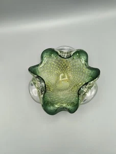VTG Murano Art Glass Green Ruffle Rim Bowl Control Bubbles Gold & Silver Flakes - Picture 1 of 11