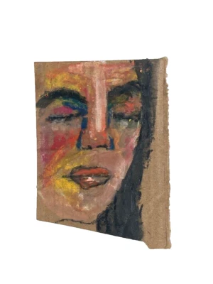 Expressive Primitive Portrait Painting Torn Cardboard Art Original Outsider Art - Image 1 of 4
