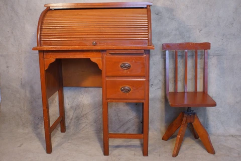 Antique Child's Roll Top Desk & Swivel Chair Hepplewhite Bail Pulls Original Cover