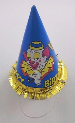 Sombreros de cono de papel vintage de payaso de circo feliz cumpleaños azul bozo flecos dorados Foto 1 de 3