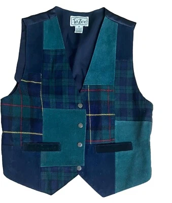 Colete Academia Escuro Vintage Anos 90 Patchwork Tartan Xadrez Couro Camurça M - Imagem 1 de 4
