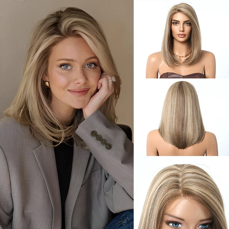 Straight Blonde Highlight Lace Side Part Medium Natural Synthetic Wig - Image 1 of 4