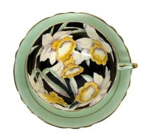 PARAGON - Vintage Daffodils Tulip Tea Cup & Saucer - Black, Gold & Mint Green - Picture 1 of 5
