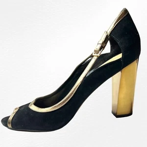 Cole Haan Women's Black Gold Formal Peep Toe Block Heel Slip On Shoes Size 9 9B - Picture 1 of 10