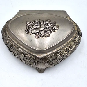 Vintage Herzform Schmuck Ring Box Rose Metall Silber Japan rotes Futter - Bild 1 von 11