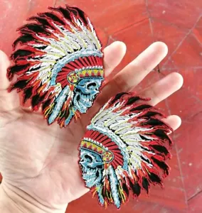 2Pcs. Indian Chief Skull Native feathered warrior Embroidered Iron-on Sew Patch - Picture 1 of 4