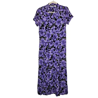 Maxi Vestido Floral Moda Bug Vintage Años 90 Púrpura Negro Manga Corta Botón 10 Foto 1 de 4