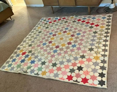 复古手工星星被子 – 711⁄2 英寸 x 74 英寸 – 手工缝制 – Estate Find — 第 1/3 张图片