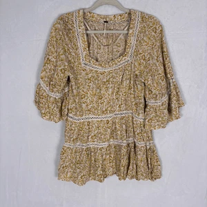 Free People Yellow Floral Print Square Neckline Flowy Sleeve Blouse Top Size Sma - Picture 1 of 9