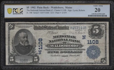 1902 $5 The Medomak National Bank of Waldoboro Maine Note "CH# N1108" - Image 1 of 2