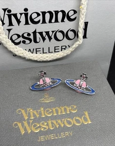 Pendientes Vivienne Westwood Pequeños Plata Logo Azul Rosa Pendientes Accesorio con Bolsa - Imagen 1 de 4