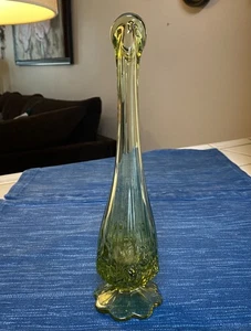 Vtg MCM Fenton Swung Vase Flute Petal Base Avocado Green 10.5” Cabbage Rose - Picture 1 of 3