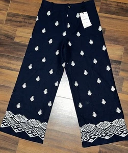 ZARA NAVY FLOWING HIGH WAIST LINEN TROUSERS WIDE LEG EMBROIDERED CULOTTES PANT S - Picture 1 of 9
